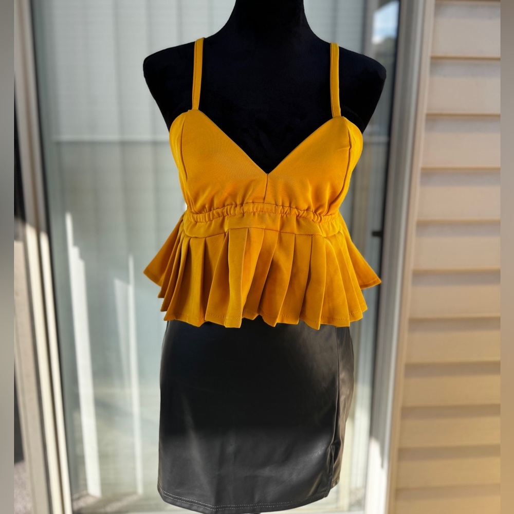 Yellow Pleated Women's Top/ Platinum Skirt Asimetric